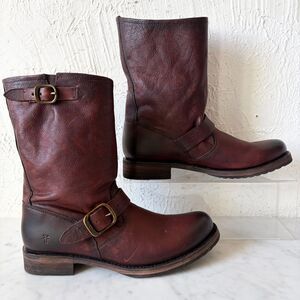 Frye Veronica Short Slouch Boots Women's 9.5 Brown Leather Moto Harness USA